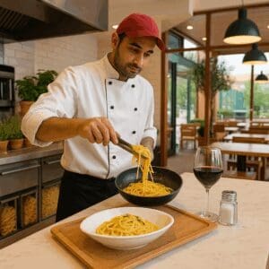 Chef preparing fresh pasta with wine at Vapiano Disneyland Paris