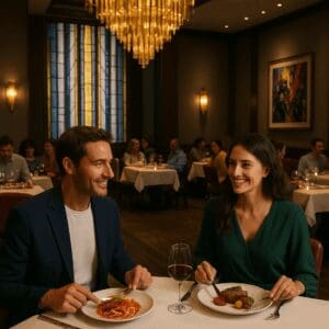 Couple dining at Manhattan Restaurant, Disney’s Hotel New York – The Art of Marvel, with chandelier and Italian dishes