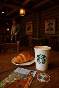 Croissant and latte on a Starbucks tray at hotel cheyenne Disneyland Paris