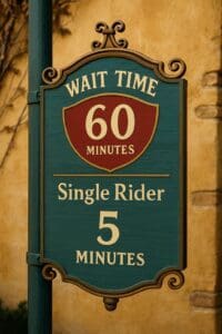 Disney-style ride wait time sign showing 60 minutes regular, 5 minutes single rider queue