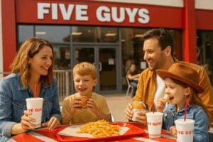 Guests enjoying burgers and fries at Five Guys