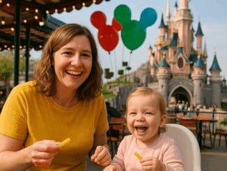 Happy mum and fussy eater toddler dining at Disneyland Paris with castle view