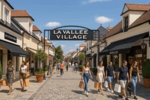 Shoppers stroll through La Vallée Village outlet at Val d’Europe near Disneyland Paris, surrounded by designer boutiques like Burberry and Moncler on a sunny day.