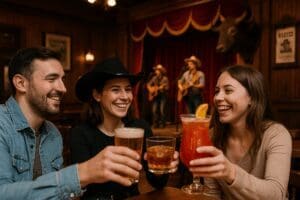 Friends toasting drinks inside the Red Garter Saloon at Disney Hotel Cheyenne, Disneyland Paris