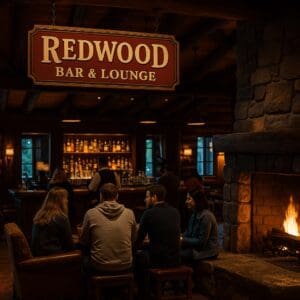  Guests enjoying drinks by the fireplace at Redwood Bar & Lounge, Disney Sequoia Lodge