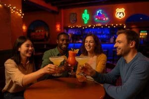 Friends enjoying cocktails and neon lights at Rio Grande Bar, Disney Hotel Santa Fe, Disneyland Paris