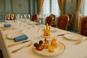Close-up of royal table settings with Disney-themed pastries and golden cutlery at Royal Banquet, Disneyland Hotel Paris