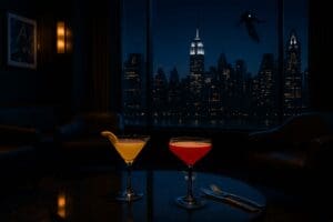 Sophisticated lounge at Skyline Bar, Disney Hotel New York, with cocktails and nighttime cityscape featuring Iron Man