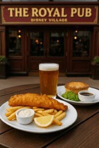 Traditional British meal at The Royal Pub – fish and chips, pie, and pint