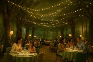Woodland-themed dining at La Forêt Secrète restaurant, Disneyland Hotel Paris, with fairy lights and enchanted forest décor