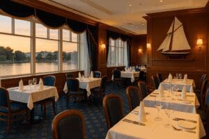Elegant nautical restaurant dining room at Yacht Club, Disney Newport Bay Club, Disneyland Paris