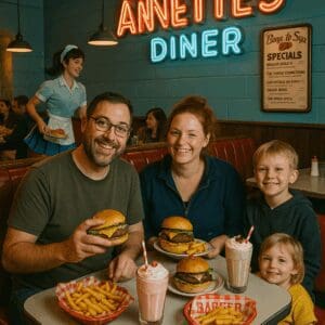 guesdts enjoying american burgers at annettes diner in disney village