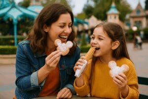 Mother and daughter enjoying Mickey-shaped beignet and churro at Disneyland Paris, smiling together in a colourful park setting. Perfect family snack moment in 2025.