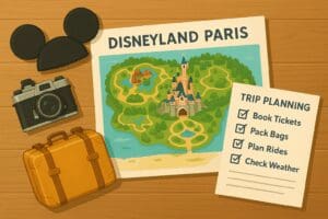 Disneyland Paris planning layout with map, checklist, Mickey ears and suitcase