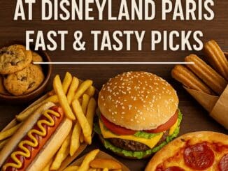Selection of quick service meals including burger, hot dog, fries, pizza, churros, and cookies at Disneyland Paris