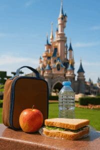 Packed lunch with apple, sandwich, and water bottle on a bench in front of Sleeping Beauty Castle at Disneyland Paris
