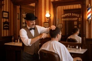 Vintage barbershop interior at Dapper Dan’s on Main Street, Disneyland Paris, with classic barber giving a haircut in early 1900s American style.