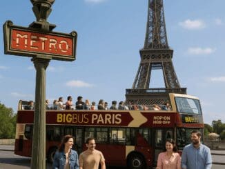 Paris day trip scene with the Eiffel Tower, red hop-on-hop-off bus, classic Metro sign, and two families with pushchairs.
