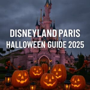 Glowing pumpkins in front of Sleeping Beauty Castle at Disneyland Paris at twilight with “Disneyland Paris Halloween Guide 2025” text overlay