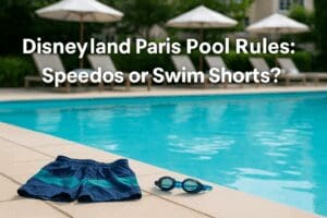 A friendly hotel poolside scene at Disneyland Paris, with swim shorts and goggles on the deck, lounge chairs and umbrellas in the background, and overlaid text asking, “Disneyland Paris Pool Rules: Speedos or Swim Shorts?”