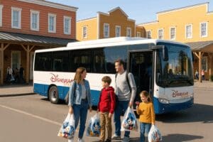 A real family with children carrying Disney shopping bags, boarding a Disneyland Paris free shuttle bus outside a Western-themed Disney hotel inspired by Hotel Cheyenne, with the hotel in the background on a sunny day.