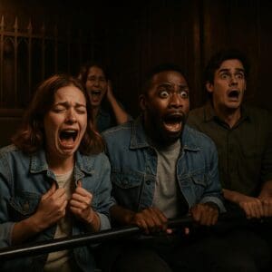 Four riders on Tower of Terror at Disneyland Paris captured mid-scream, showing real-life fear and excitement during the dramatic drop in a spooky, dimly lit elevator setting.