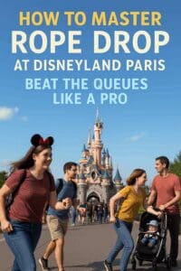 Guests power walking towards Sleeping Beauty Castle at Disneyland Paris during rope drop, under a clear blue sky, with a guide title overlay.