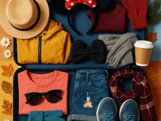 A colourful suitcase packed with seasonal clothes and Disney-themed accessories, including a sunhat, scarf, gloves, sunglasses, comfy shoes, and Minnie Mouse ears, perfect for every season at Disneyland Paris.