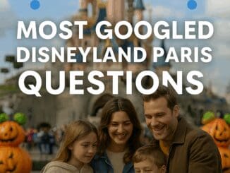 Family planning Disneyland Paris trip with phones and guidebooks, with question mark icons and Sleeping Beauty Castle in background