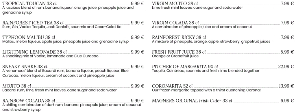 cocktails & drinks rainforest cafe